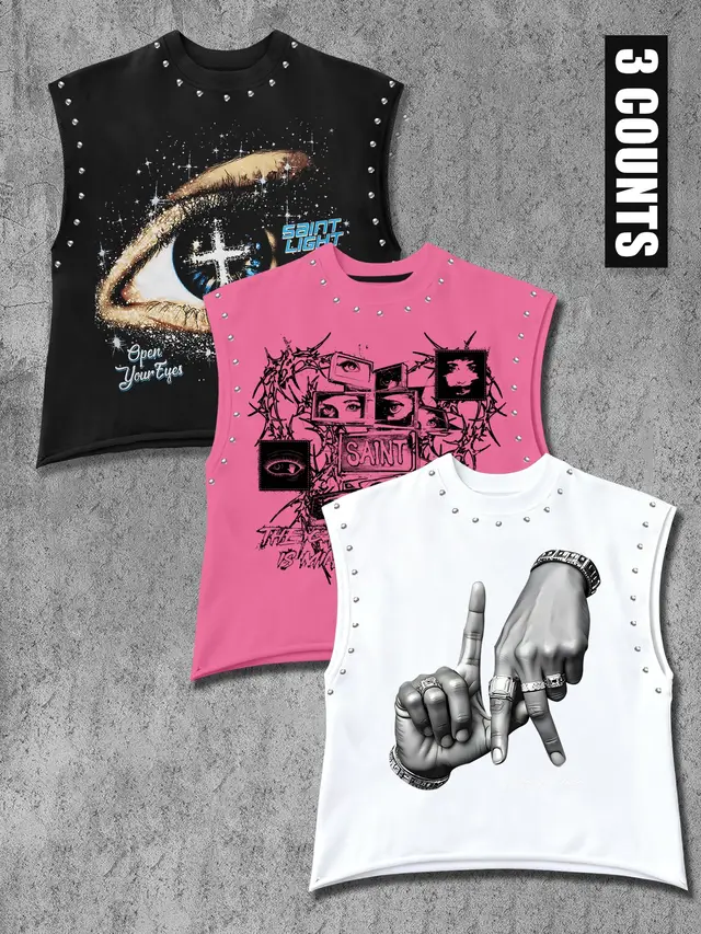 Why choose one graphic tee when you can rock three? This unisex rivet vest set comes loaded with bold prints, silver stud details and festival-ready vibes. Throw one on with cargos or denim shorts and you’re instantly stage-front ready—no layering, no effort, just pure drip for spring and summer nights. Tap to grab the full 3-pack and switch your fit with your mood. #streetwear #summeroutfit #unisexstyle #graphictee #festivalfit