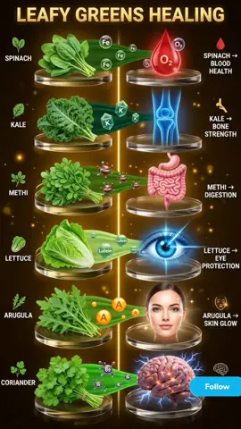 Leafy Greens Healing: What Each One REALLY Does! 🔄 Stop ignoring your greens! These leafy powerhouses are targeted medicine. Here's EXACTLY where each one delivers its healing:  Spinach → Blood Health Rich in IRON + folate - boosts hemoglobin production, improves oxygen transport & prevents anemia. 1 cup cooked = 6mg iron! Pair with vitamin C for 3x better absorption.  Kale → Bone Strength Loaded with VITAMIN K + calcium - strengthens bone density, prevents fractures & supports joint health. 1 cup = 1000% daily vitamin K! More than any other green.  Methi (Fenugreek) → Digestion High in FIBER + saponins - relieves constipation, reduces bloating & soothes gastric inflammation. Traditional remedy for IBS & acid reflux. Soak seeds overnight for max benefits!  Lettuce → Eye Protection Contains LUTEIN + zeaxanthin - filters blue light, protects retina & prevents macular degeneration. Romaine > iceberg for nutrient density. Nature's sunglasses!  Arugula → Skin Glow Packed with VITAMIN A + antioxidants - boosts collagen production, fights free radicals & restores natural radiance. Peppery taste = more phytonutrients!  Coriander → Brain Function Rich in FOLATE (B9) + antioxidants - supports neurotransmitter production, reduces brain fog & protects against cognitive decline. Fresh leaves > dried for maximum folate! ✨ Eat your greens. Heal daily.  SAVE this for your next grocery run!  SHARE with someone who skips vegetables  Which green is YOUR favorite? Comment below! ⚠️ Educational purposes only. Not medical advice. Leafy greens support wellness but aren't substitutes for professional diagnosis or treatment.  #LeafyGreens #GreenHealing #SpinachBenefits #KaleBenefits #GutHealth 