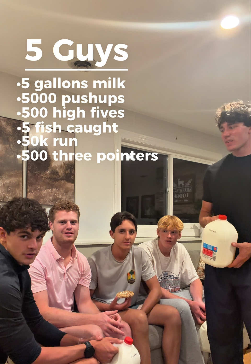 5 guys, 5 gallons of milk, 5000 pushups, 500 high fives, 5 fish caught, 50 k run, 500 three pointers, 5 video games one all in 24 hours #milk #pushupchallenge #motivation #fyp #viral 