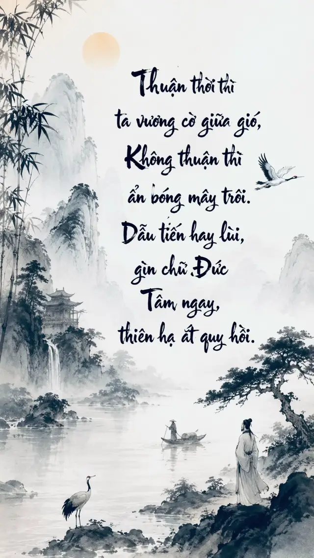 Thuận thời – Nghịch thế Thuận thời ta dựng cờ bay, Hiên ngang đón gió, chẳng say vinh quang. Nghịch thời mây phủ ngút ngàn, Lui về giữ chí, chẳng màng thị phi. Tiến khi đạo nghĩa gọi đi, Lùi khi thời cuộc còn vìu cơn giông. Bước chân có thể long đong, Nhưng tâm chẳng đổi, tấm lòng chẳng phai. Đức như gốc rễ ngàn cây, Tâm như trăng sáng giữa ngày phong ba. Người ngay chẳng sợ phong sa, Càng qua bão tố càng là thép tôi. Chớ tranh thắng bại với đời, Thắng mình mới thật là người hiên ngang. Không cầu thiên hạ tung hô, Chỉ mong nhân nghĩa vẹn tròn trước sau. Một mai mây tạnh trời cao, Muôn người tự khắc tìm vào bóng cây. Không vì quyền thế hôm nay, Mà vì chữ Đức chất đầy tháng năm. Ngẩng đầu chẳng thẹn lương tâm, Cuối đời vẫn giữ một tấm chân thành. Thuận thời vững bước tung hoành, Nghịch thời vẫn đứng như thành giữa giông. Đức còn thì vận còn thông, Tâm ngay thì đạo vẫn không đổi dời. Người mang chính khí giữa đời, Dẫu không xưng đế… muôn người vẫn theo.#trietlynhansinh365 #trietlynhansin 