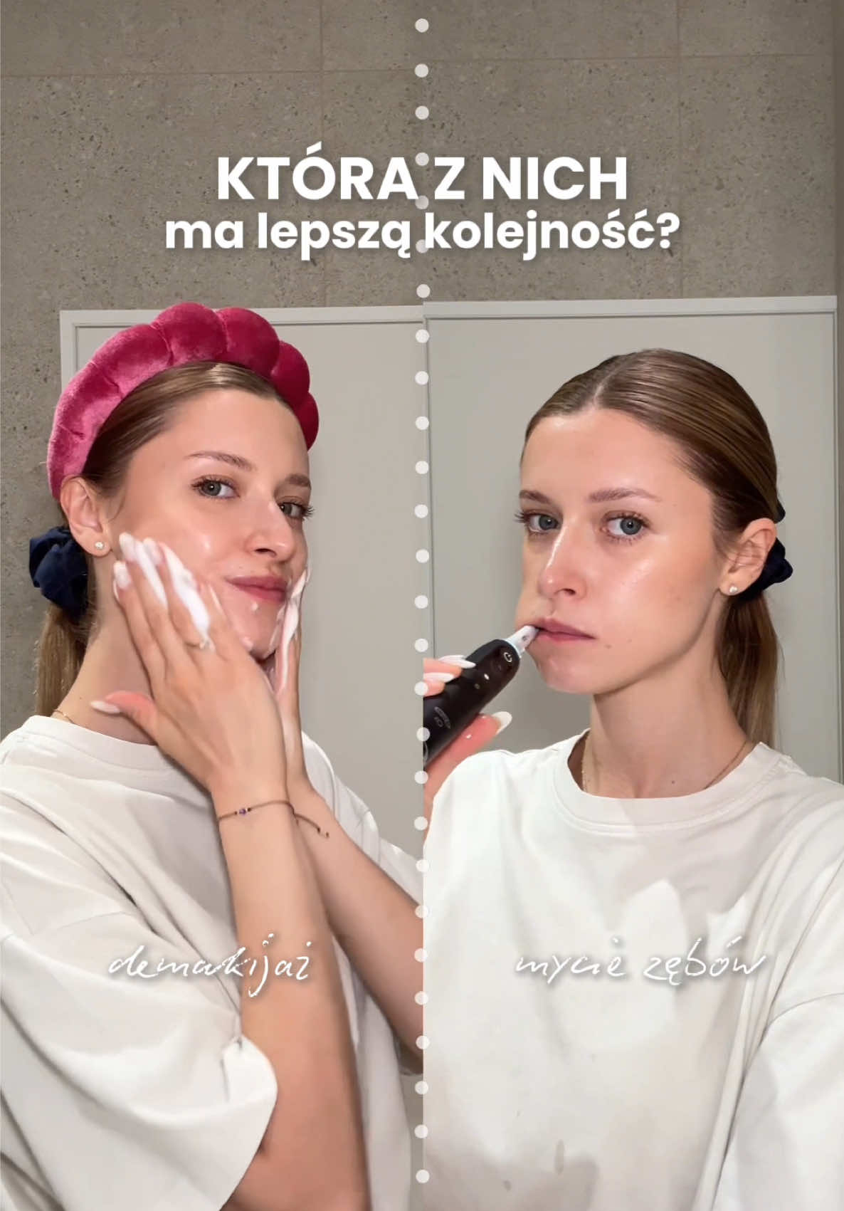 LEWA czy PRAWA? 💬👀 Jedna z nich robi wieczorną pielęgnację w gorszej kolejności 🧖🏽‍♀️ . Podpowiedź: chodzi o moment mycia zębów🪥 Pasta zostawiona na noc wokół ust potrafi narobić więcej szkód niż myślicie 🚨 Podrażnienia i wypryski w okolicy brody mogą występować właśnie z tego powodu 🥲 . #wieczornapielegnacja #demakijaz #kosmetolog kolejność pielęgnacji, demakijaż, pasta do zębów a cera, wypryski wokół ust