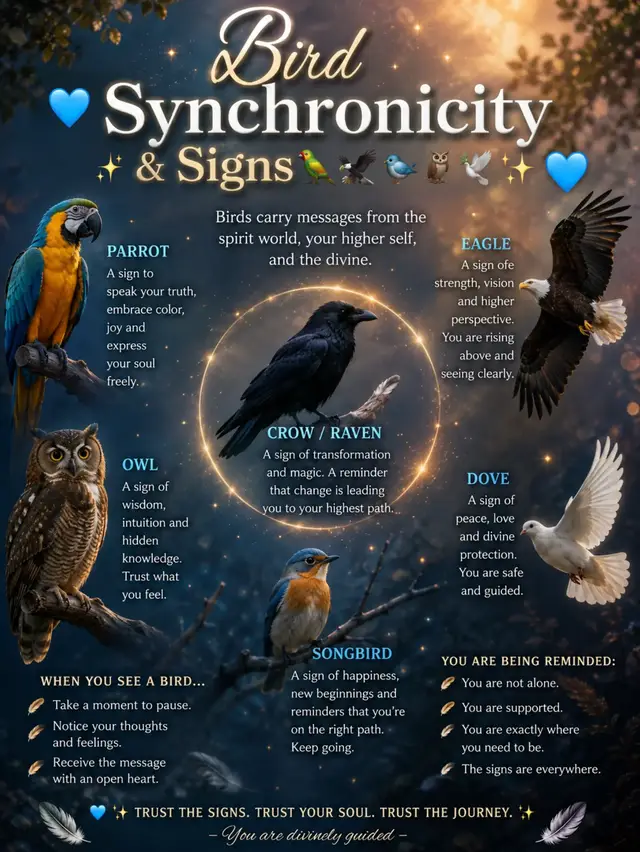 🩵✨ Birds have long inspired people with feelings of hope, freedom, and wonder. Whether you see them as reminders to slow down, appreciate nature, or reflect on your journey, every encounter can be an invitation to pause and be present. 🦜🦅🐦‍⬛🦉🕊️ Keep your heart open, trust your path, and let every new day bring fresh perspective. 💙 Which bird have you been seeing lately? #BirdSynchronicity #NatureSigns #SpiritualJourney #TrustTheJourney #Mindfulness 