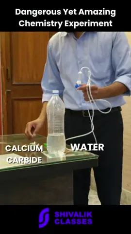 Calcium Carbide + Water Experiment | Acetylene Gas Generation & Burning Demo 🔥⚗️Chemistry In this exciting chemistry experiment, we generated acetylene gas by reacting water with calcium carbide and demonstrated its burning using a bottle and cannula pipe setup. Watch how this fascinating chemical reaction produces a highly flammable gas and creates an amazing flame! Reaction: Calcium Carbide + Water → Acetylene Gas + Calcium Hydroxide This experiment helps understand gas evolution reactions, chemical properties of acetylene, and combustion. 🔥 Don’t try this without proper supervision and safety precautions.#chemistry #chemicalreaction #experiment #Science #chemistryreels 