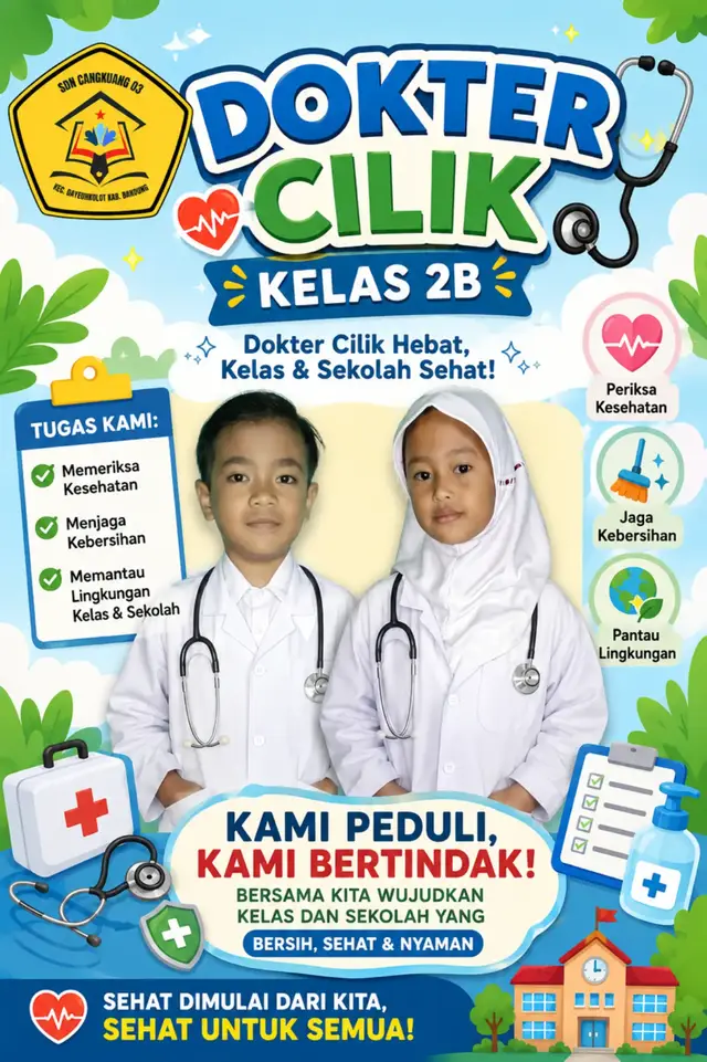 Dokter cilik SDN Cangkuang 03. kami siap bertugas memeriksa kesehatan dan kebersihan kelas juga sekolah kami.. #sekolahdasar #doktercilik 