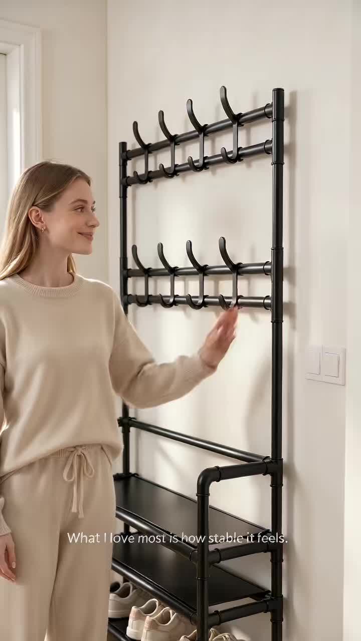 Black iron pipe hanger with 8 double hooks, 5-layer non-woven fabric independent shoe rack, 16mm and 9.8mm pipes, space saving storage and organization solution at the entrance, home organizer for household items #shoestoragecabinet #storageshelves #multipurposehanger #laundryroomessentials #picturehangingtool #shoesorganizer #metalshelves #laundryhamperwithwheels #hangingorganizer #ikeashoecabinet