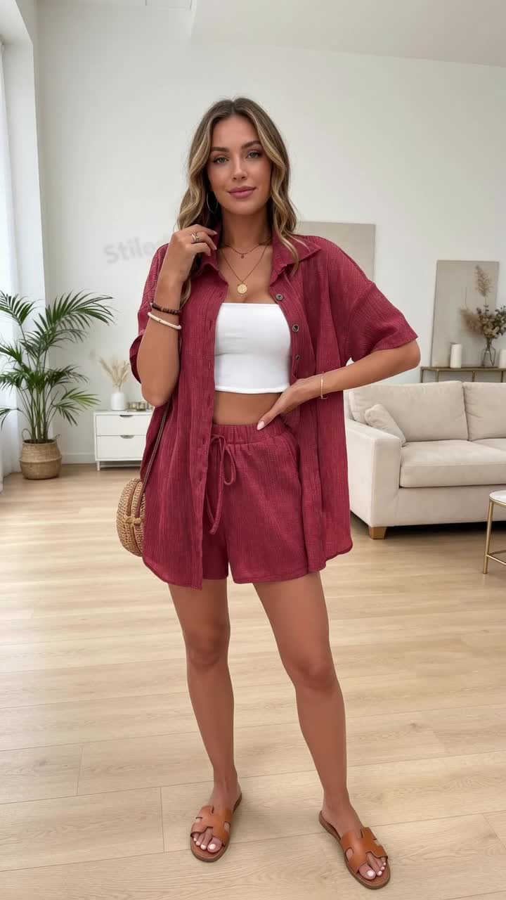 Scacto Women's Casual Plain 2 Piece Set - Collared Short-Sleeve Button-Down Shirt and Matching Shorts, Shortsleeve, Women's Clothes, Basic 