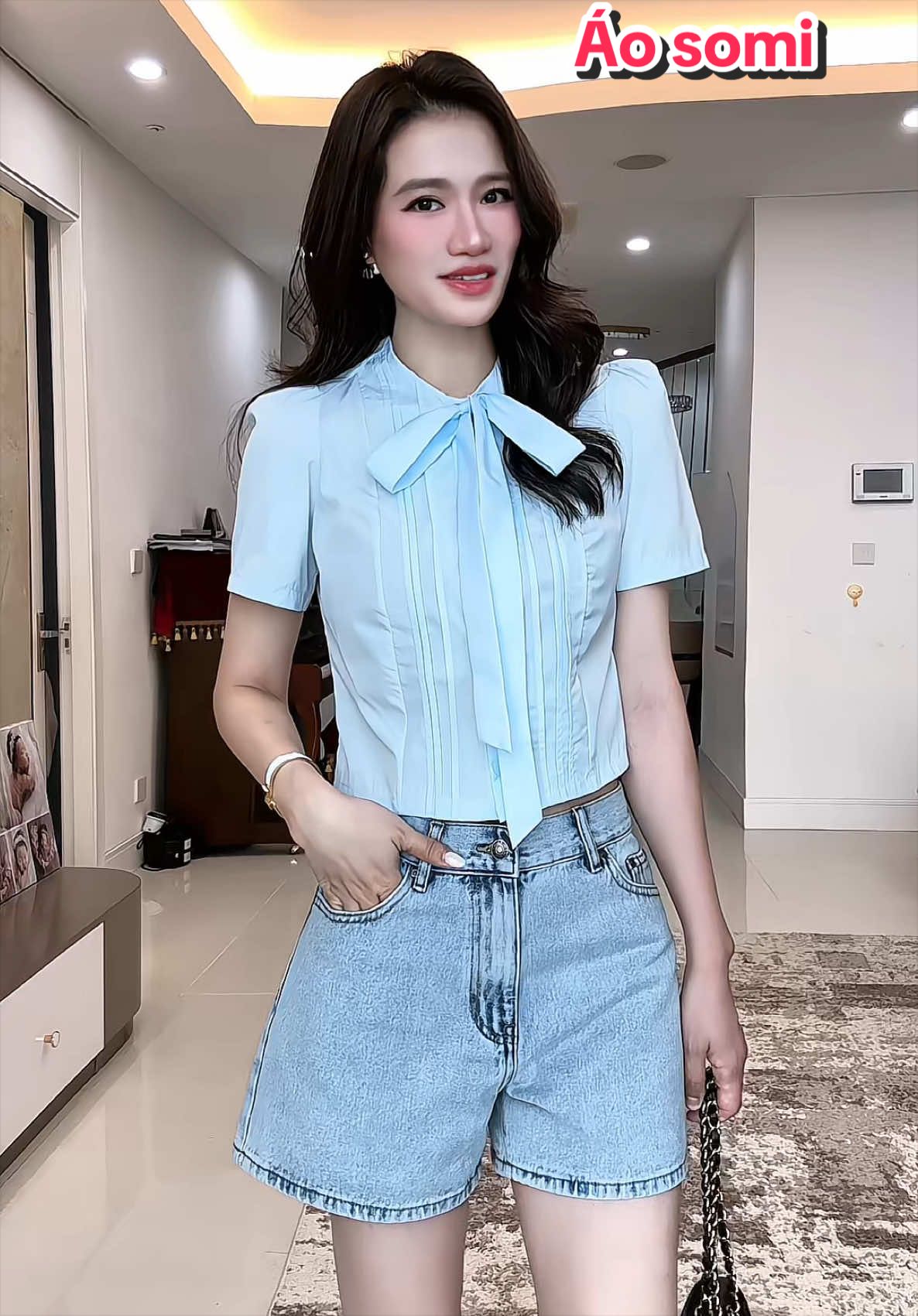 Áo sơ mi cộc tay phối nơ xinh xắn #aosominu #stdesign #quynhchanhsa 