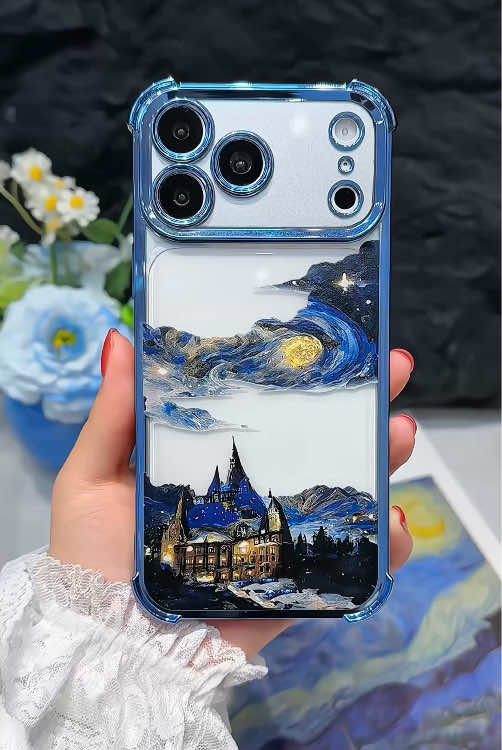 Starry night oil painting with castle landscape design💙#beauty #phonecase #starry #art #fyp 