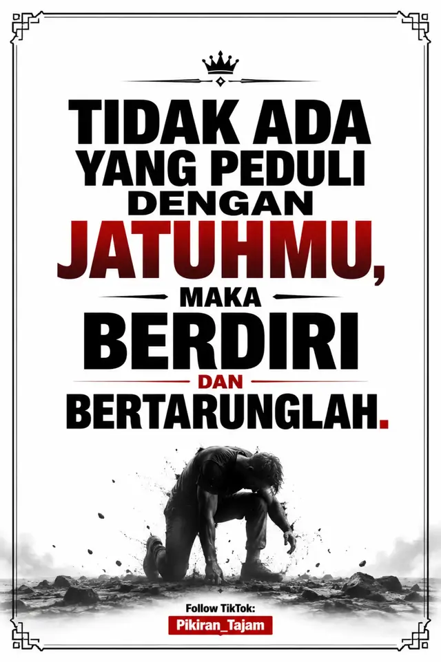Saat kamu jatuh, dunia tidak berhenti berputar. Tidak semua orang akan peduli, dan itu bukan alasan untuk menyerah. Jadikan setiap luka sebagai pelajaran, setiap kegagalan sebagai pijakan, dan setiap air mata sebagai bahan bakar untuk bangkit. Ingat: Pemenang bukanlah orang yang tidak pernah jatuh, tetapi orang yang selalu memilih untuk berdiri dan terus bertarung. 💬 
