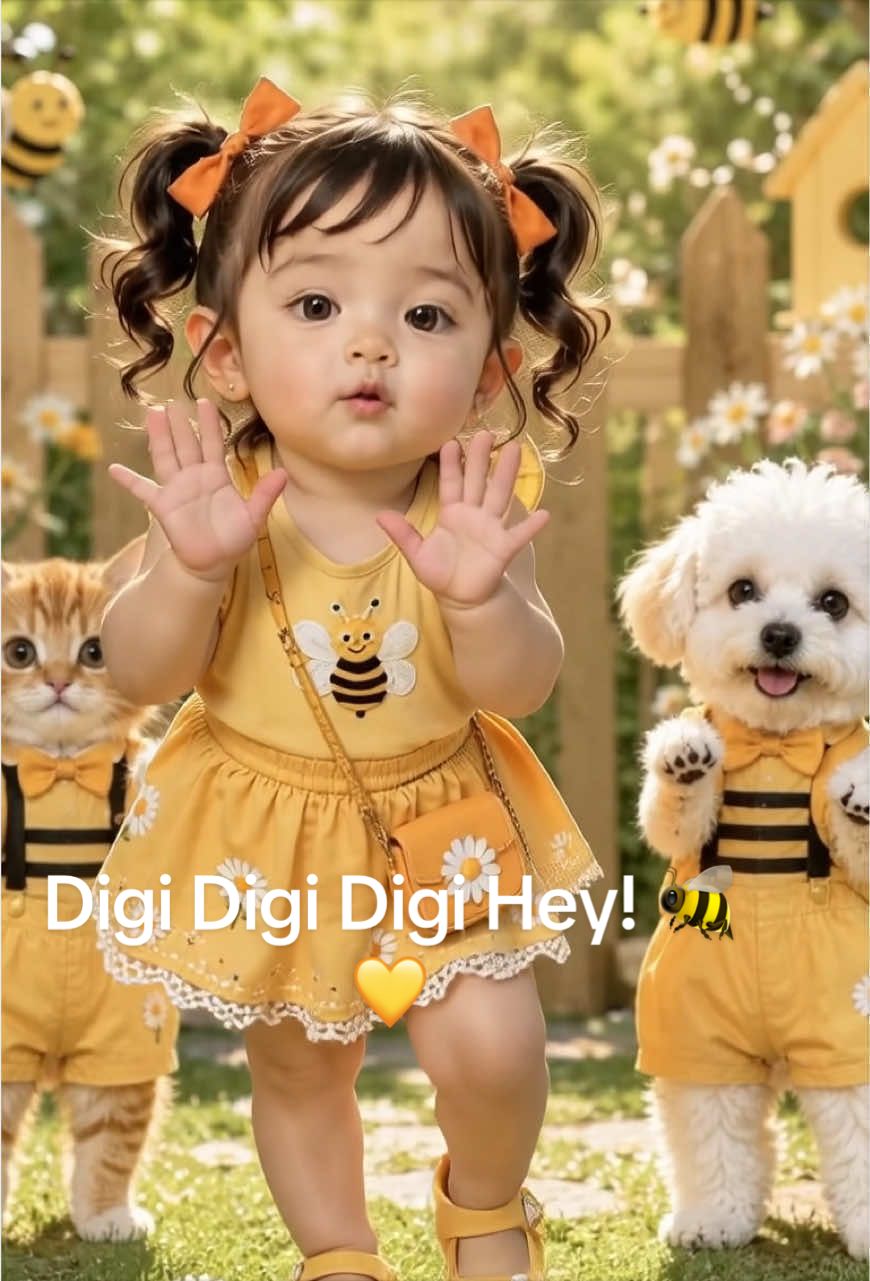 AI Baby Girl, Orange Cat & Fluffy Puppy Dance to Digi Digi Digi Hey 🐝💛 #BabyGirl #OrangeCat #FluffyPuppy #Dance #AIVideos