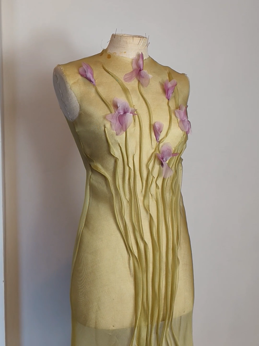Chiffon Iris Detail Help me decide: with or without bow? What do you think?  Bouquet of Iris Dress 🪡 #draping #textileart #dressmaking #moulage #couture 