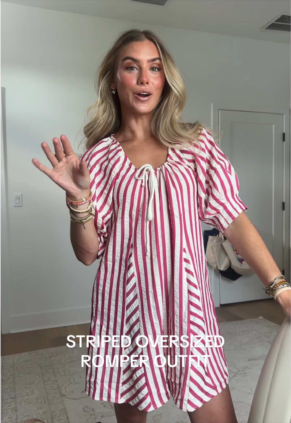 are you shocked to see yet another color of my favorite striped oversized romper this also has the adjustable tie at the neck and pockets too 5’4/xs  #romper #stripedromper #oversizedromper #romperoutfit #romperdress @Uaneo 