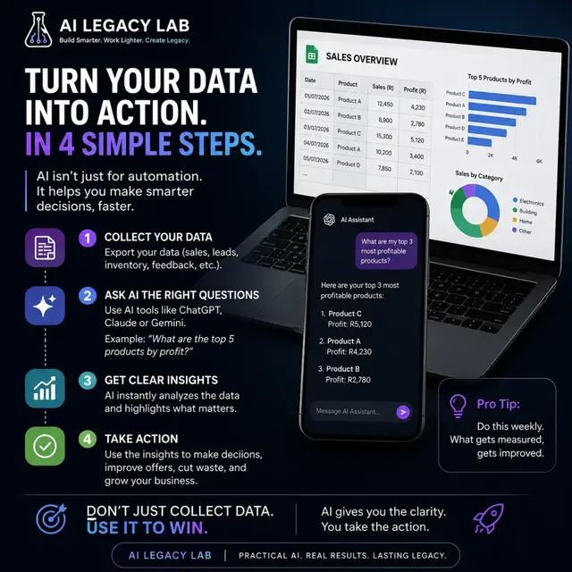 Most people use AI to write emails or create content. Smart businesses use AI to answer questions like: 📊 Which product makes the most profit? 📈 Which service is growing the fastest? 👥 Which customers haven't purchased in 90 days? 💰 Where am I losing money every month? Here's a simple weekly habit: 1️⃣ Export your sales or business data. 2️⃣ Upload it to ChatGPT (or another AI tool). 3️⃣ Ask specific business questions. 4️⃣ Use the answers to make one improvement that week. AI isn't just a content generator. It's a decision-making partner. The businesses that grow the fastest won't be the ones with the most AI tools... They'll be the ones asking the best questions. 💬 What business question would you ask AI today? #AILegacyLab #ArtificialIntelligence #BusinessGrowth #Entrepreneur
