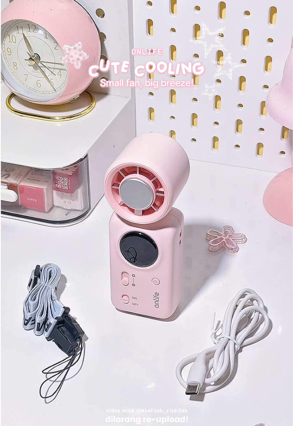 Beat the heat with powerful airflow and ice cooling mode in one cute mini fan! ❄️💗 #onlifefan #handheldfan #portablefan  #kipasanginportable #kipasmini 