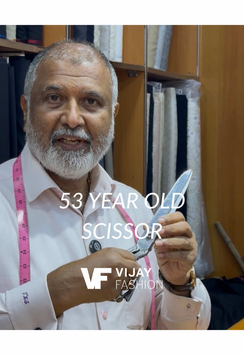 He’s had this scissors longer than most people have been alive. 1973.	 A schoolboy saving two rupees a week bought it for 150 rupees. Singer, made in West Germany. India → Bahrain → Dubai. Every suit in this shop, cut with it. Vijay Fashion is 40. The scissors is 53. #tailor #tailoring #dubai #bespoke #menswear   