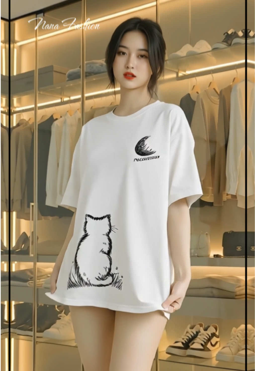 Áo thun nam nữ hình siêu dễ thương “mèo ngắm trăng” vừa rẻ vừa đẹp nè☺️ #nanafashion #outfit #aophongnamnu #aothunnam 