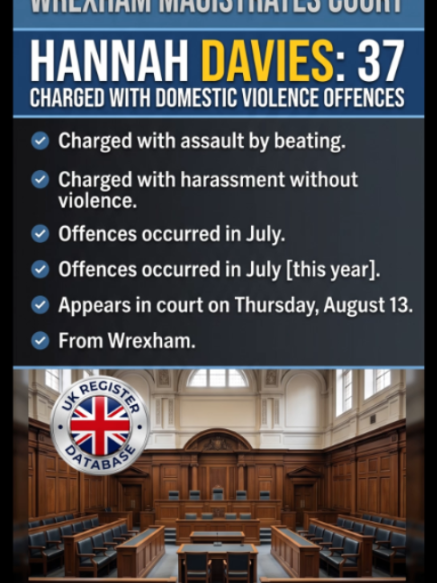 HANNAH DAVIES FROM WREXHAM CHARGED WITH DOMESTIC VIOLENCE OFFENCES In 2026, Hannah Davies, a 37-year-old woman from Wrexham, was charged with domestic violence offences following incidents reported in July. Hannah Davies, of Y Wern, Wrexham, was charged by North Wales Police with assault by beating and harassment without violence. The charges follow a police investigation into domestic incidents occurring during July 2026. Davies is scheduled to appear before Wrexham Magistrates' Court on Thursday, 13 August 2026. Following her charges for domestic violence offences, Davies remains subject to judicial proceedings and potential court-mandated supervision pending the outcome of her hearing. #HannahDavies #Wrexham #WrexhamMagistrates #NorthWales #ukregisterdatabase