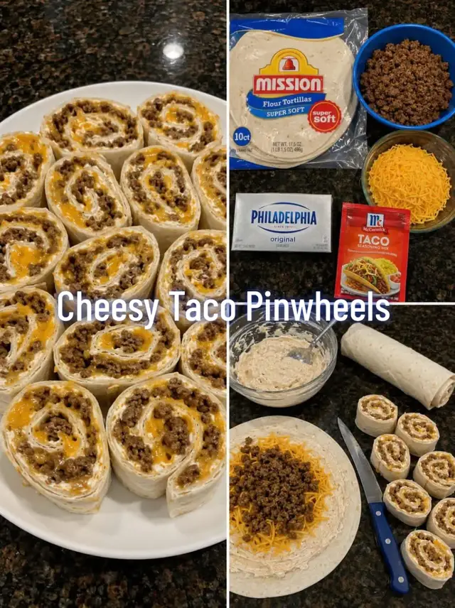 🌮 Cheesy Taco Pinwheels 🌮 These easy taco pinwheels are loaded with seasoned ground beef, creamy cheese, and shredded cheddar, all rolled inside soft flour tortillas and sliced into delicious bite-sized spirals! 😍 They’re perfect for game day, family gatherings, parties, lunchboxes, or a quick snack when everyone is hungry. The creamy filling helps hold everything together, while the taco-seasoned beef and melted cheddar add plenty of flavor in every bite. To make them, simply brown the ground beef with taco seasoning, mix softened cream cheese until smooth, spread it over each tortilla, then add shredded cheddar and beef. Roll the tortillas tightly, chill them briefly for easier slicing, and cut into thick rounds. Serve them cold, room temperature, or warm them slightly until the cheese becomes extra melty. Add salsa, sour cream, or guacamole on the side for dipping! #fy #fyp #EasyRecipe #appetizer #tacos 