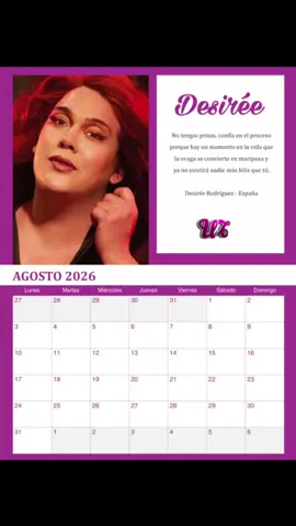 Calendario 🗓️ Urbana Trans 🏳️‍⚧️  Agosto 2026.  “ No tengas prisas, confía en el proceso porque hay un momento en la vida que la oruga se convierte en mariposa y ya no existirá nadie más feliz que tú “. Desirée Rodríguez - España #españa🇪🇸 #españa #malaga #dessy #transexual🏳️‍🌈🌻🌹 