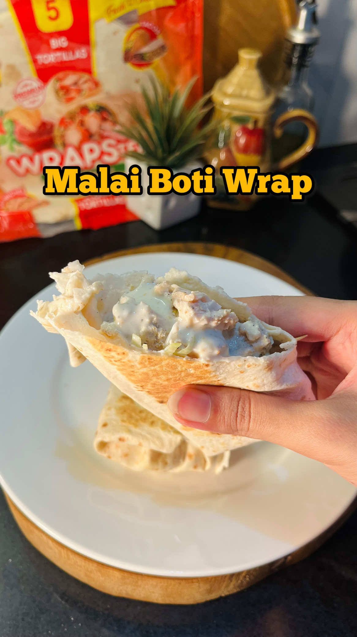 Malai Boti Wrap 😍 Finger licking good 🤤 For these wraps, I used my go-to Wrapster Tortilla Wraps because their quality is truly premium. I love using them because even after filling them generously and folding them, they don’t break or tear. They make every wrap-making experience so easy and perfect! You can easily find Wrapster Tortillas at: 📍Al-Fatah 📍Imtiaz 📍Jalal Sons 📍Carrefour Malai Boti Wrap Recipe 🌯 Ingredients: • 1 Wrapster Tortilla Wrap • 350g chicken (this quantity makes 2 wraps) Marination: • Salt to taste • ½ tsp black pepper • ½ tsp white pepper • 1 tsp cumin coriander powder • ¼ tsp garam masala • 1 tsp green chilli paste • 1 tsp ginger garlic paste • 4 tbsp yogurt • 1 tbsp Olper’s Cream Marinate the chicken for 30 minutes. Cook it in 1 tsp oil. There is no need to add extra oil because the chicken cooks beautifully in its own marinade. Sauce: • 2 tbsp yogurt • 1 tbsp garlic mayo • 2 tbsp chopped cabbage • 2 tbsp chopped onion • Cumin coriander powder, black pepper, and salt to taste Mix everything well to prepare the creamy sauce. Now take a Wrapster Tortilla, add the malai boti chicken, top it with the sauce, fold your wrap, and enjoy a delicious homemade gym-friendly meal 🤍✨ #Healthyrecipes #MalaiBotiWrap 