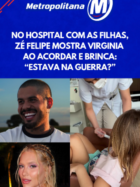 😂 Nesta segunda-feira (3), Zé Felipe visitou as filhas Maria Alice, de 5 anos, e Maria Flor, de 3, após as crianças passarem por cirurgias de amígdala e adenoide. Durante a ida ao hospital, o cantor aproveitou para brincar com Virginia Fonseca: 