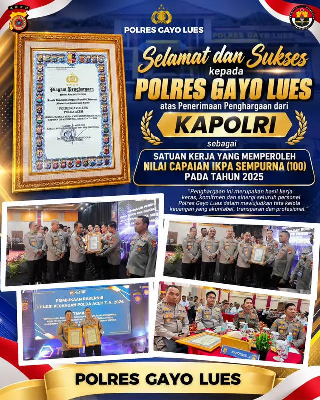 Polres Gayo Lues Raih Penghargaan Kapolri, IKPA Sempurna dan Bendahara Berprestasi Blangkejeren, 3 Agustus 2026  Polres Gayo Lues kembali mengukir prestasi dengan menerima Penghargaan dari Kapolri sebagai Satuan Kerja (Satker) yang berhasil meraih Nilai Indikator Kinerja Pelaksanaan Anggaran (IKPA) Sempurna (100) Tahun Anggaran 2025. Penghargaan tersebut diserahkan langsung oleh Kapolda Aceh Irjen Pol. Ruddi Setiawan, S.I.K., S.H., M.H. kepada Kapolres Gayo Lues AKBP Cakra Donya, S.I.K. Selain penghargaan kepada institusi, Kasikeu Polres Gayo Lues AIPDA Doni Latu Parisa juga menerima Penghargaan Bendahara Satker Berprestasi atas capaian Nilai IKPA Sempurna (100) Tahun 2025. Kapolres Gayo Lues AKBP Cakra Donya, S.I.K., mengatakan penghargaan tersebut merupakan hasil kerja keras seluruh personel, khususnya jajaran Seksi Keuangan, dalam mewujudkan pengelolaan anggaran yang transparan, akuntabel, dan profesional. 