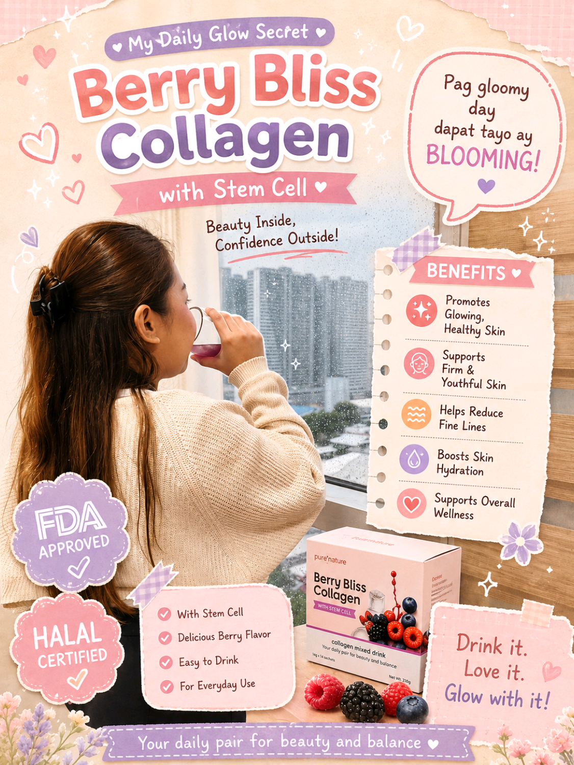 Here's a caption you can post: Rainy days don't mean you have to stop taking care of yourself. ☔️✨ Keep your wellness routine going with Pure Nature Berry Bliss! 🍓 FDA Approved ✅ Halal Certified ✅ Delicious in every sip! ❤️ Who's staying healthy and glowing this rainy season? 🌸 #PureNatureBerryBliss #RainyDayWellness #GlowEveryDay #HealthyLifestyle #wellnessjourney 