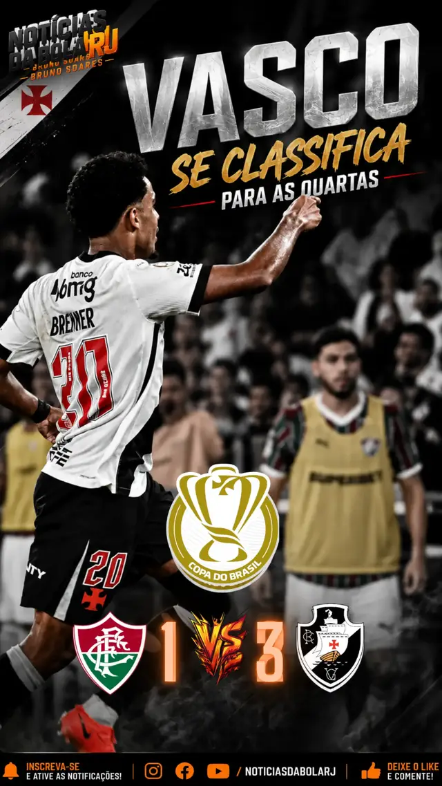 🏆 VASCO ESTÁ NAS QUARTAS DE FINAL! O Gigante da Colina venceu o Fluminense por 3 a 1 no Maracanã e garantiu a classificação para as quartas de final da Copa do Brasil. Com uma atuação eficiente e muita entrega, o Cruz-Maltino confirmou a vaga e segue vivo na briga pelo título. Agora, o Vasco aguarda o sorteio para conhecer seu próximo adversário na competição. 💬 O Vasco é candidato ao título da Copa do Brasil? Deixe sua opinião nos comentários! 🔔 Siga @noticiasdabolarj para mais informações do futebol carioca. 