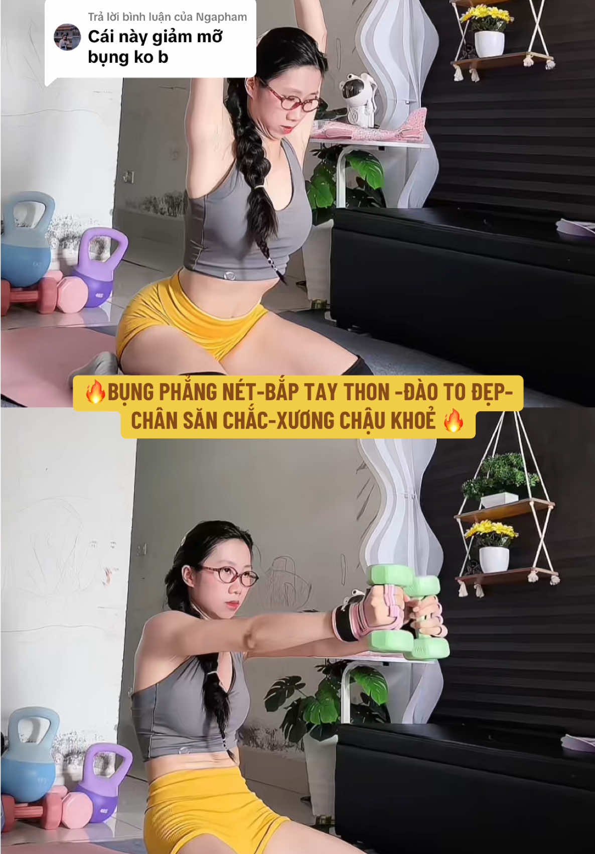 Trả lời @Ngapham 🔥BỤNG PHẲNG NÉT-BẮP TAY THON  GỌN-ĐÀO TO ĐẸP-CHÂN SĂN CHẮC-XƯƠNG CHẬU KHOẺ 🔥 #trangslay #taptainha #gymhome #thaydoibanthan 