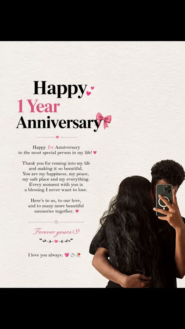 Iam so lucky to have you as my husband 💝and this is my best day in life 🌸happy 1st anniversary to you my dear🕊️