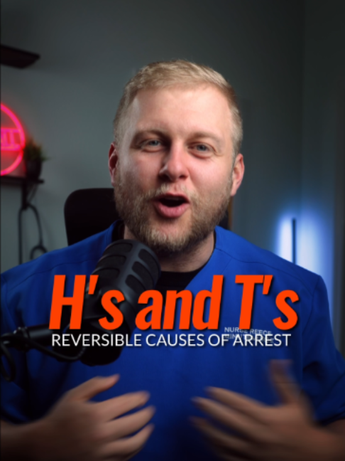 H's and T's are all of the reversible causes of Cardiac Arrest! It's is so important that we have these fresh in our brains for our patients.  Hypovolemia, Hypoxia, Hydrogen Ions, Hypo/Hyperkalemia, Hypothermia Tension, Tamponade, Toxins, Thrombosis Check out my Study Guides! |Link in Bio| This video is for educational and entertainment purposes only and doesn't replace real medical advice, diagnosis, or treatment. Always follow your local orders, scope, or protocols. Views are entirely my own! #nurseeducation #cardiacarrest  #icunurse