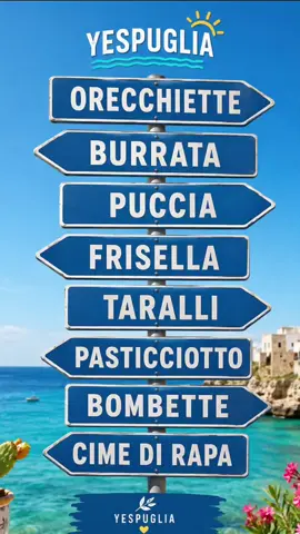 In Puglia non servono indicazioni stradali… basta seguire il profumo. 😍🌊 👉 Orecchiette 👈 Burrata 👉 Puccia 👈 Frisella 👉 Taralli 👈 Pasticciotto 👉 Bombette 👈 Cime di rapa Otto direzioni diverse, una sola destinazione: la Puglia. 💙 Quale cartello seguiresti per primo? 👇 📍 Puglia, Italy ☀️ Mare, borghi e sapori autentici 💙 YESPUGLIA #YesPuglia #Puglia #WeAreInPuglia #VisitPuglia #PugliaFood 