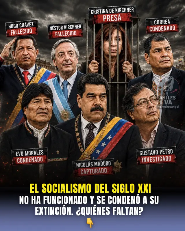 🧭 ¿Qué le pasó al llamado “socialismo del siglo XXI”? Hugo Chávez y Néstor Kirchner fallecieron; Cristina Fernández de Kirchner cumple una condena de seis años bajo prisión domiciliaria; Rafael Correa fue condenado por corrupción y Evo Morales enfrenta procesos judiciales. ⚖️ Nicolás Maduro fue capturado y permanece detenido en Estados Unidos mientras enfrenta un proceso federal. Gustavo Petro, ya fuera de la Presidencia de Colombia, también ha quedado rodeado de investigaciones y fuertes controversias políticas. 📉 Aquella corriente que prometía expandirse por América Latina hoy presenta una realidad muy diferente: condenas, procesos judiciales, antiguos líderes fuera del poder y un profundo desgaste político. Y todavía quedan figuras de ese llamado “socialismo del siglo XXI” ejerciendo poder en la región.