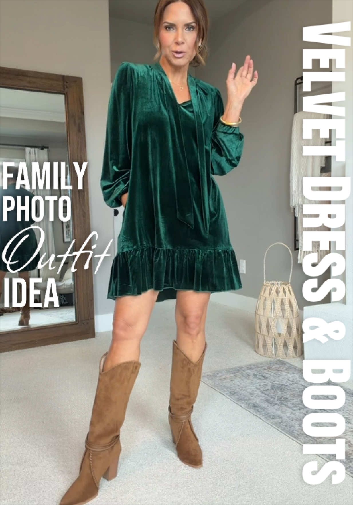 Boots are in the color camel and are incredibly comfy too! 🙌🏼📸 #falldress #velvetdress #holidaydress #familyphotos #fallboots 