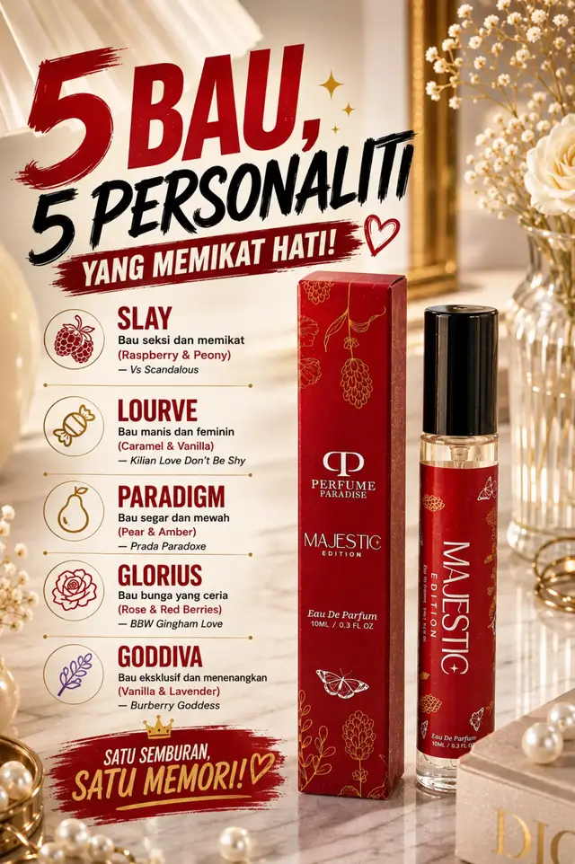 ✨ Pening nak pilih yang mana satu? jom  Sis bantu! 😍 ❤️ SLAY – kalau nak bau seksi & memikat 🍯 LOURVE – kalau suka bau manis & feminin 🍐 PARADIGM – kalau suka fresh tapi nampak mewah 🌹 GLORIUS – kalau suka bau floral yang ceria 💜 GODDIVA – kalau nak vibe eksklusif & calming 5 bau, 5 personaliti — tinggal pilih mana paling ngam dengan vibe sis! 🥰 #penperfume #perfumes #perfumeparadise #guideperfumeparadise 