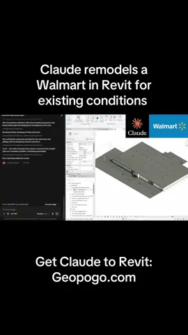 Can Claude create tenant-improvement models for retailers across the country? We’re testing that idea by having Claude recreate a Walmart store directly inside Revit. For retailers managing hundreds—or thousands—of locations, the opportunity is much bigger than modeling a single building. Claude could help transform existing PDFs, photographs, sketches and site information into standardized, editable Revit models for: • Existing-condition documentation • Store renovations and TI projects • Fixture and merchandising updates • Brand-standard rollouts • Early design and feasibility studies The model still needs professional review and field verification—but Claude can take on much of the repetitive setup and modeling work. This is where BIM-trained AI becomes valuable: not simply generating an image, but creating native building geometry that retail design teams can continue developing inside Revit. Could AI help retailers renovate hundreds of stores faster? www.geopogo.com #Revit #RetailDesign #TenantImprovement #BIM #RetailArchitecture    