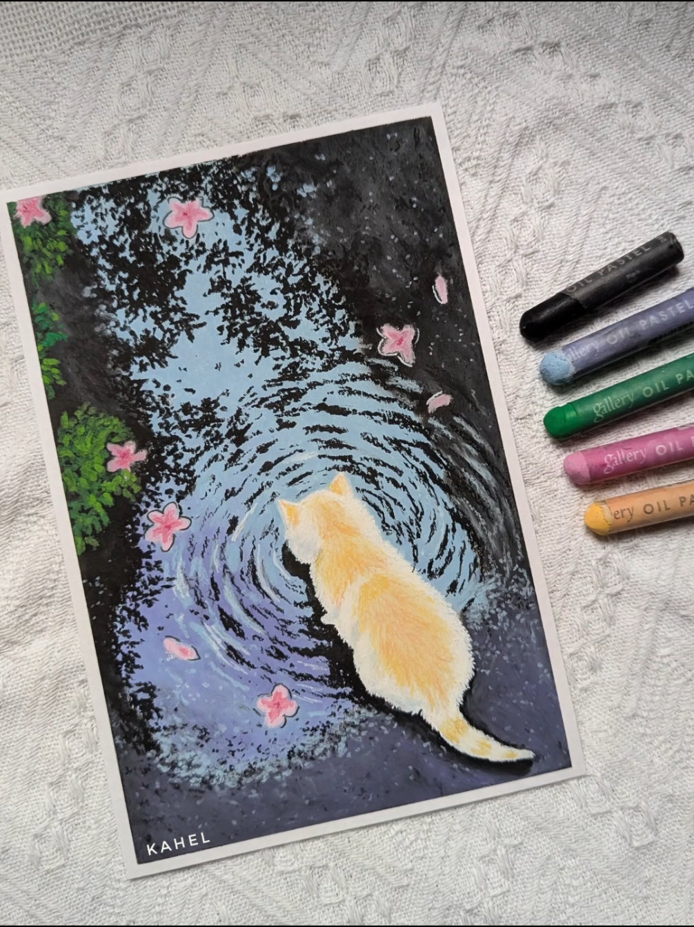 Cat on a Wet Road Oil Pastel  Drawing 🐱🌸 watch the full video tutorial on my YT channel KahelArtStudio  thank you 😊 #oilpastel #oilpastels #oilpasteldrawing #catdrawing 
