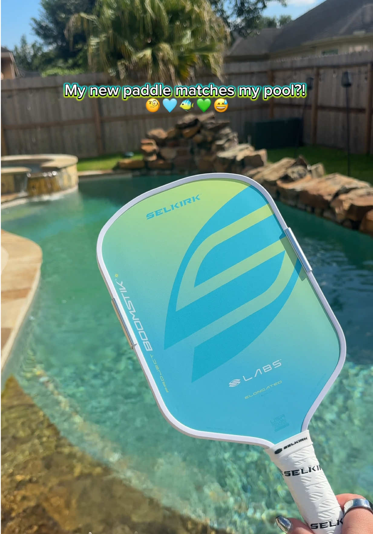 My pool might not be summer ready but my new paddle is 😅🩵🐠💚😋 USE CODE INF-D2S on your new Calypso Limited Edition paddle!!! Comes in both the boomstik and Omni 🤩 and yes….we recently let go of our pool service and we are trying to do it on our own….but as you can see, it’s not going so well, so comment any advice you have on pool maintenance 🤦🏻‍♀️🥲 @Selkirk Sport #pickleball #Summer #paddlereview #paddleunboxing #selkirkpartner 