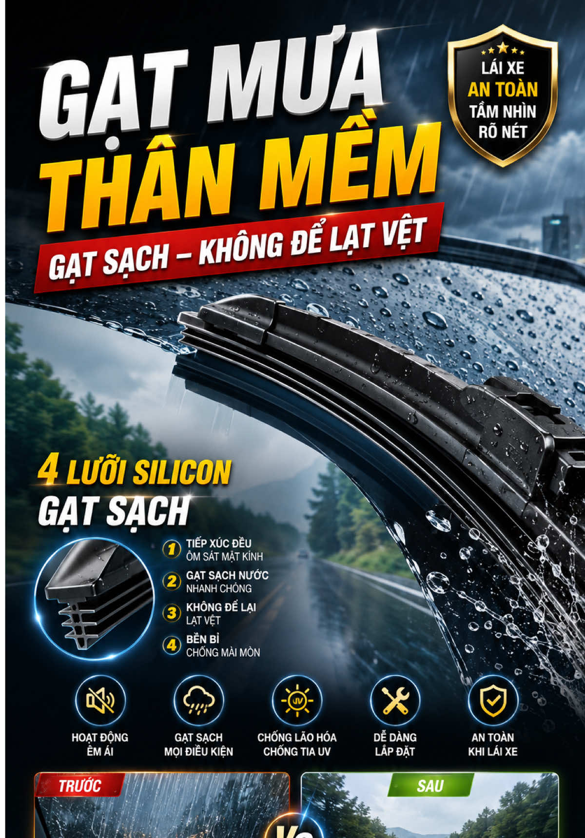 Gạt Mưa Ô Tô 4 Lưỡi Silicon, dễ dàng thay thế tại nhà #gatmuaoto #gatmuasilicon #gatmuaxuongmem #phukienoto #phukienxehoi 