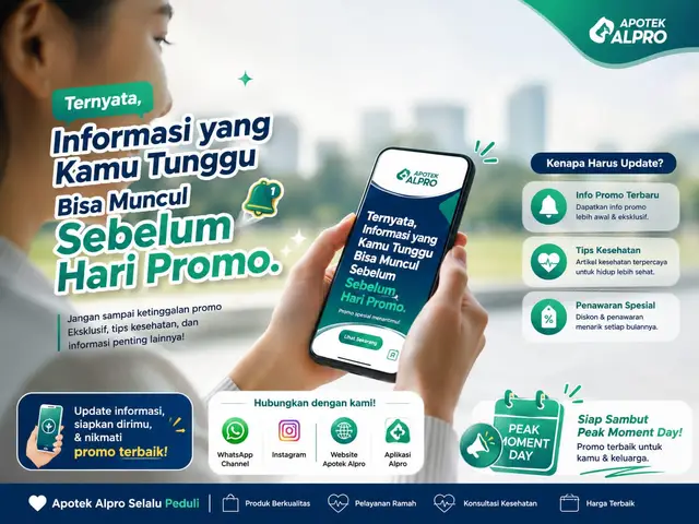 Masih banyak yang belum menyadari bahwa informasi yang kamu tunggu bisa muncul sebelum hari promo. Pantau media sosial resmi Apotek Alpro untuk melihat countdown, informasi promo, aktivitas outlet, dan sesi live. Tiga hari saja: 15–17 Agustus 2026. Datang lebih awal untuk menikmati diskon hingga 50% dan penawaran pilihan selama persediaan masih ada.