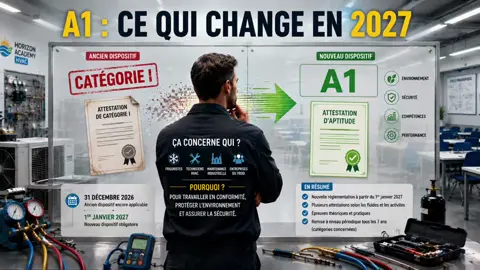 L’attestation frigoriste évolue en 2027. Nouvelles catégories, nouveau référentiel, épreuve théorique et pratique, remise à niveau périodique : les règles changent. Dans cette série, Horizon Academy HVAC va reprendre le référentiel A1 officiel, compétence par compétence, avec explications techniques, schémas, questions type examen et corrections. Vous préparez votre A1 ? La suite arrive. #A1 #Frigoriste #Formation #FroidClimatisation #HorizonAcademyHVAC