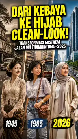 Menyambut Hari Kemerdekaan RI ke-81, yuk kita intip mesin waktu perkembangan tren busana casual wanita di pusat kota Jakarta! 🇮🇩✨ Video ini merangkum 9 fase evolusi drastis di sepanjang Jalan MH Thamrin dari tahun 1945 hingga 2026. Penonton bisa melihat transformasi nyata mulai dari era Kebaya Encim pasca-kemerdekaan, tren rambut sasak dan cutbray yang ikonik, hingga momentum kebangkitan gaya hidup berhijab (modest fashion lifestyle) di tahun 2000-an awal sampai tren Hijab Clean-Look super trendi di tahun 2026 sekarang! Bener-bener sinematik ditemani alunan lagu 'Rayuan Pulau Kelapa' dan suara alami (pure foley) bisingnya jalanan Jakarta yang berubah dari masa ke masa. Menurut kalian, era tahun berapa nih yang gaya fashion-nya paling juara dan gak ada matinya? Tulis pendapat kalian di kolom komentar ya! 👇👇 🏷️ Hastag: #EvolusiFashionHijab  #JakartaTempoDoeloe  #HUTRI81  #ModestFashionIndonesia  #fashioninspo 
