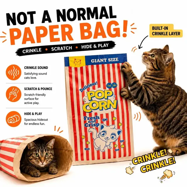 If your cat steals every grocery bag, this is the glow‑up they deserve. Our giant popcorn crinkle bag is double‑layered, super durable and crazy fun—so they can hide, pounce, scratch and nap all in one place. Indoor zoomies? Handled. Bored cat? Solved. Tap to turn a simple paper bag sound into their new favorite playground. #cattok #cattoy #indoorcat #catparent #catplaytime