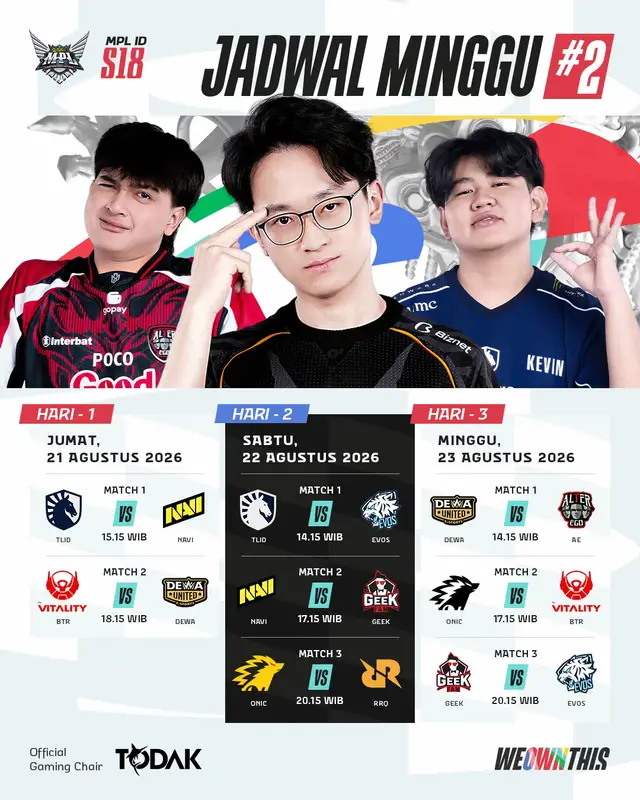 Jadwal MPL ID S18 WEEK 2 💥  Pertarungan Minggu kedua regular season diwarnai Royal derbi dan rematch Grand Final 😱  Akankah klasemen berubah drastis di minggu ini atau justru semua bertahan pada podium awal?  Saksikan secara langsung keseruan MPL ID S18, Beli tiketnya sekarang di: 🔗 https://id-mpl.com/ticket #MPLIDS18 #WeOwnThis #WeeklySchedule #NiceGame