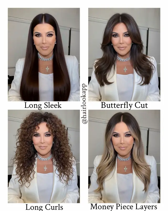 Which look suits her best? 1️⃣ Long Sleek 2️⃣ Butterfly Cut 3️⃣ Long Curls 4️⃣ Face-Framing Layers And honestly… which one would look best on YOU? 👇 📲 Try these hairstyles on your own photo with HairLook app before making the change. #KrisJenner #KrisJennerHair #HairTransformation #HairTok #HairInspo 