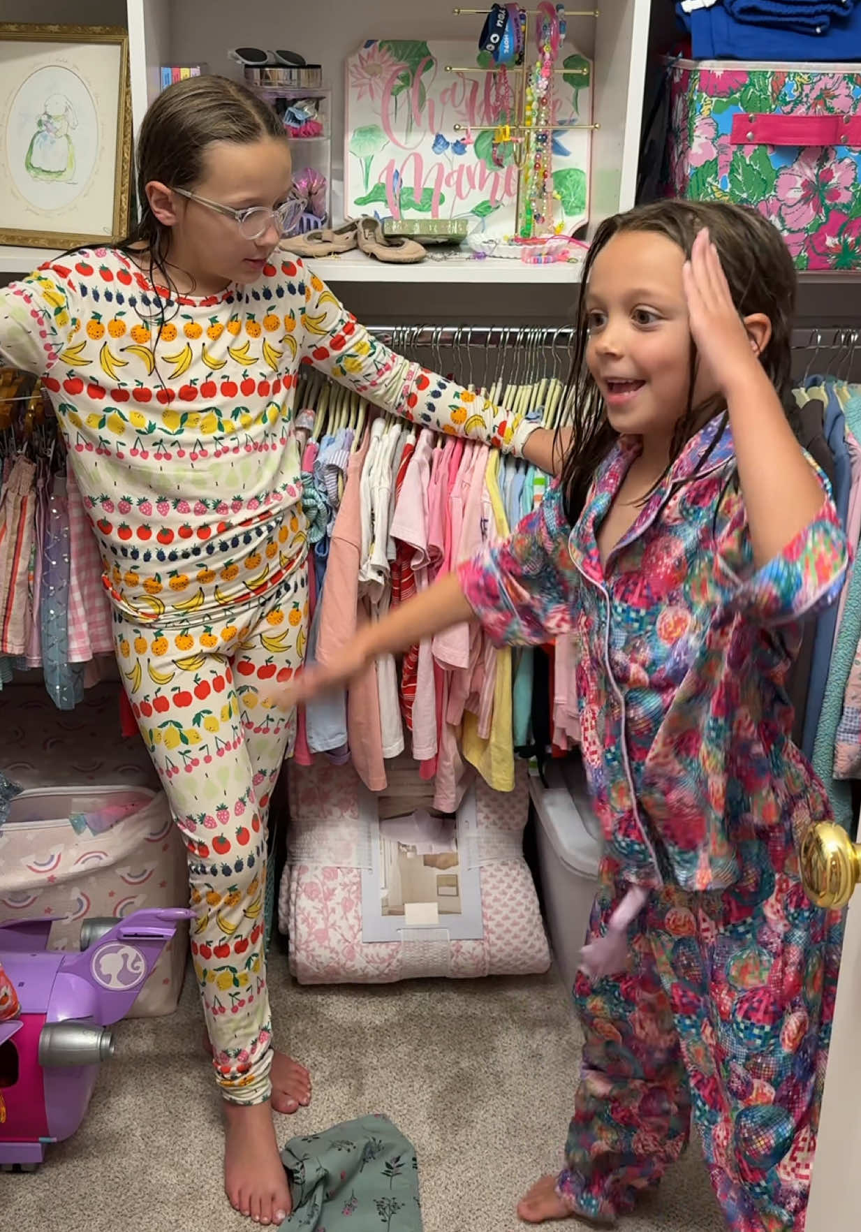 Extra-long outfit negotiations tonight with all 3 kiddos 😂 Champ loves the 100° heat but hates an empty hanger. Char discovered some new pants and absolutely freaked out, and Corinne is bringing all the good-luck vibes for her test tomorrow. 🥹🍀 #OOTD #fitcheck #kidclothes #MomsofTikTok #momlife