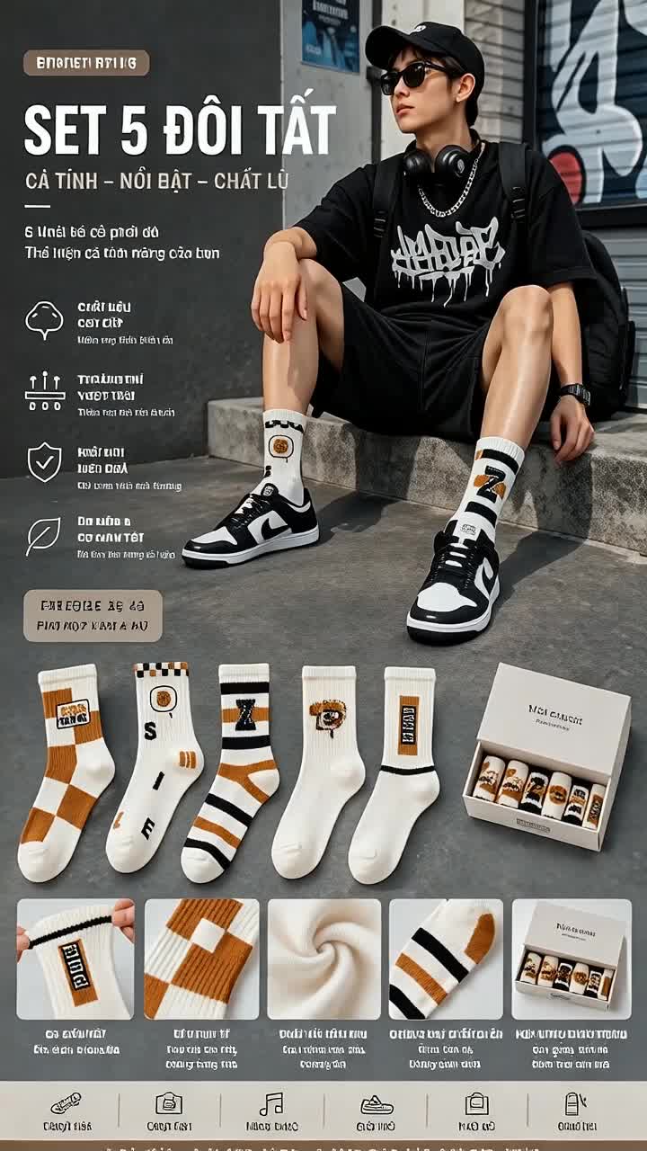 POV: Mua 1 set mà có tận 5 kiểu vớ để thay đổi mỗi ngày 😍 Đi học, đi chơi hay phối sneaker đều hợp. Tông trắng nâu đen nhìn cực dễ phối đồ. #votat #vonam #vonu #vocoTrung #vothoitrang #phoidothethao #StreetStyle #tiktokshop #xuhuong