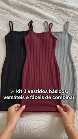 Kit com 3 vestidos femininos canelados de alcinha, modelagem tubinho que valoriza o look e combina com várias ocasiões. ✨ Básicos, versáteis e fáceis de combinar. #vestidocanelado #vestidotubinho #vestidofeminino #modafeminina #achadinhosfashion 