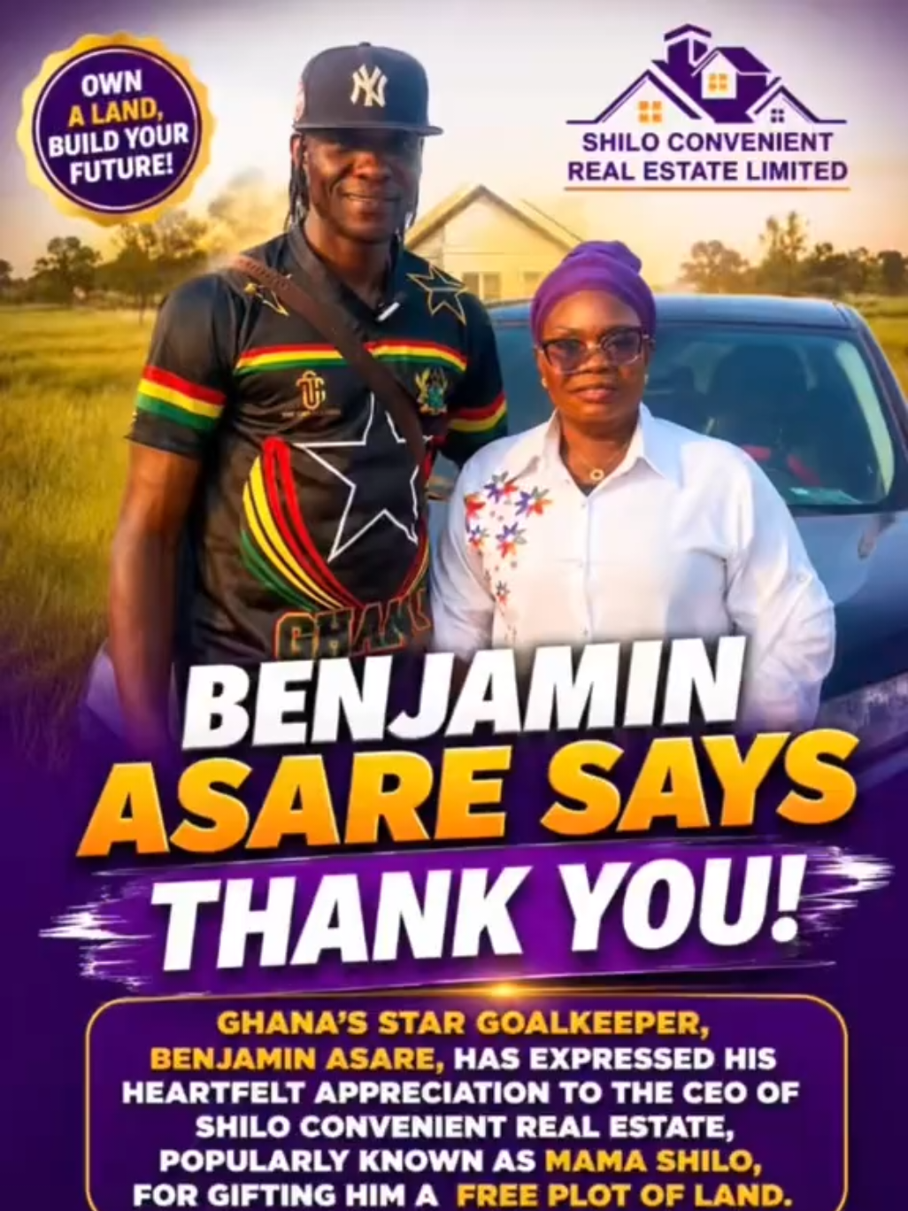 🏡🇬🇭 BENJAMIN ASARE RECEIVES FREE PLOT OF LAND! 🎉🔥 Ghana’s star goalkeeper Benjamin Asare has received a free plot of land from the CEO of Shilo Convenient Real Estate, popularly known as Mama Shilo. A beautiful gesture of appreciation and support! 👏🏾❤️ Congratulations, Benjamin Asare! 🧤🇬🇭🏆 @Shilo Convenient Real Easte @benjaminasaresm @tiktok creators @Ghana TikTok 🇬🇭 @TIKTOK GHANAIAN🇬🇭 @TikTok @TikTokViral @Ghana Supporters @Kofi Kinaata  #BenjaminAsare #foru #fyp #ghanablackstars #promise 