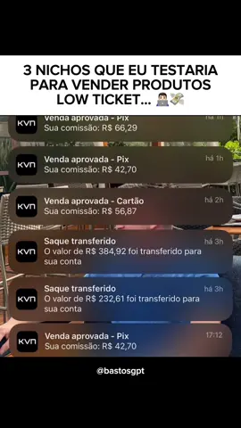 🔥 3 NICHOS QUE EU TESTARIA PARA VENDER PRODUTOS LOW TICKET: 👇🏻 1️⃣ RENDA EXTRA: EBooks, planilhas e guias ensinando formas simples de fazer dinheiro, vender online ou usar IA. 2️⃣ EMAGRECIMENTO: Receitas, cardápios, desafios e guias práticos focados em alimentação e perda de peso. 3️⃣ RELACIONAMENTO: Produtos sobre conquista, reconquista, autoestima e melhora do relacionamento. 💡 O segredo não é só escolher o nicho: encontre uma dor específica e crie um produto simples que ajude a resolvê-la. 🚀 Quer começar sem criar tudo do zero? No link do meu perfil você encontra o Desafio Vendas Automáticas, com produtos prontos, páginas, quizzes e estratégia de tráfego pago. #kirvano #lowticket #marketingdigital #vendasonline #afiliados 